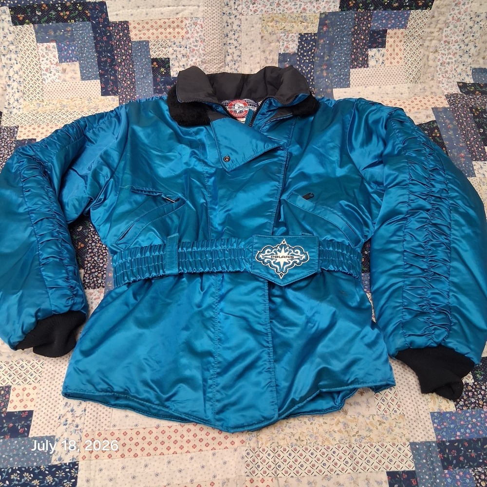 Vintage Polaris Satin Blue Snowmobile Jacket Womens Medium Union Made in USA